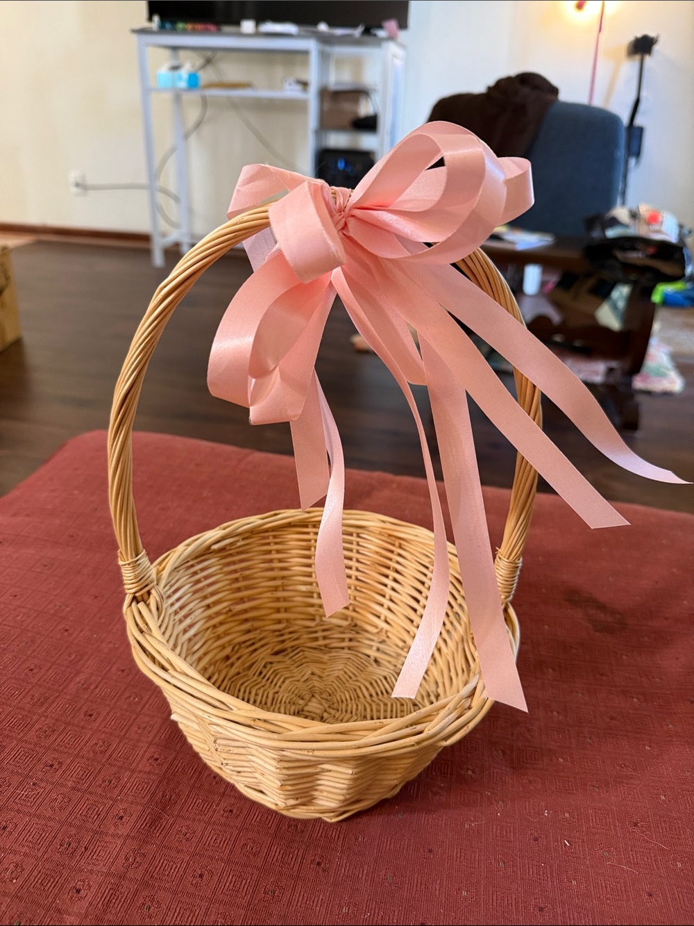 Woven Rattan Basket with Pink Ribbon Bow - Home Party Supplies